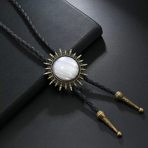 Western Cowboy Bolo Tie Retro Sunburst Pendant Necklace Alloy Braided PU Leather Cord Adjustable Jewelry For Men Women