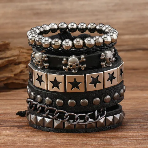 Bracciale in Pelle a Strati Punk Rock per Uomo Donna Vintage Teschio Pentagramma Rivetto Catena in Lega Gioielli Multistrato