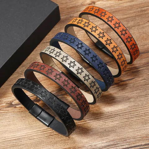 Bracciale in Pelle Goffrata Vintage Stella di David Unisex Chiusura Magnetica Geometrico Punk Polsino Gioielli Regalo