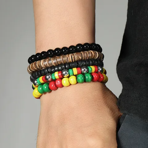 Collezione di Bracciali Multistrato Albero della Vita Vintage per Uomo Donna Rasta Giamaicano Rosso Giallo Verde Pelle PU Perline di Legno Intrecciato Gioielli