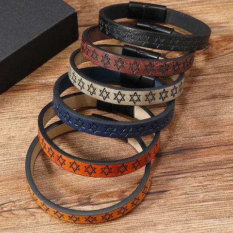 Bracciale in Pelle Goffrata Vintage Stella di David Unisex Chiusura Magnetica Geometrico Punk Polsino Gioielli Regalo