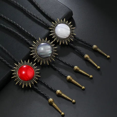Western Cowboy Bolo Tie Retro Sunburst Pendant Necklace Alloy Braided PU Leather Cord Adjustable Jewelry For Men Women