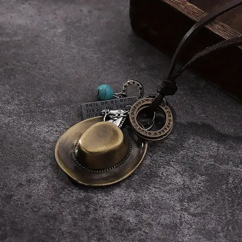 Collana con Pendente a Forma di Cappello da Cowboy e Testa di Cavallo Cordino in Pelle Vintage Gioielli con Turchese Sintetico Regalo
