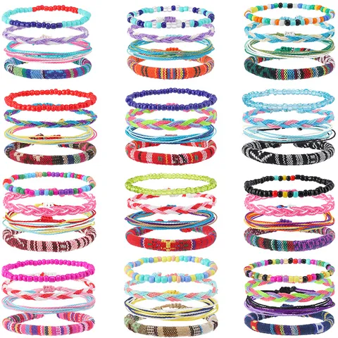 Bracciali Intrecciati a Mano Etnici Bohemian Colorati in Cordino Cerato con Perline e Tessuto Regolabili Gioielli da Spiaggia Unisex