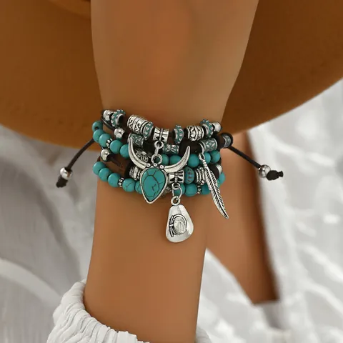 Bracciale Multistrato Bohemien Turchese Lega Testa di Toro Foglia Pendente Fatto a Mano Intrecciato Etnico Vintage Gioielli