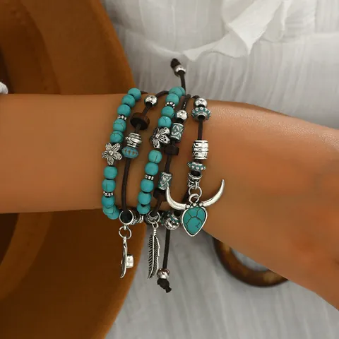 Bracciale Multistrato Bohemien Turchese Lega Testa di Toro Foglia Pendente Fatto a Mano Intrecciato Etnico Vintage Gioielli