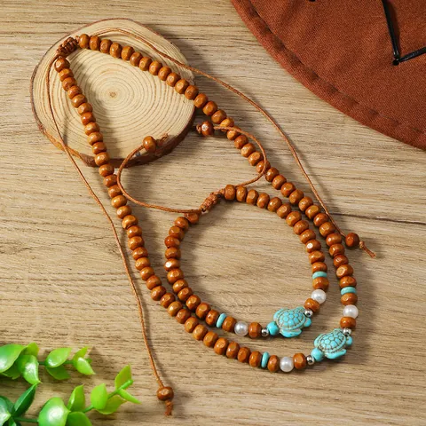 Bohemian Men Surfing Wood Bead Turquoise Turtle Necklace And Bracelet Set Handmade Ethnic Beaded Jewelry For Beach Vacation