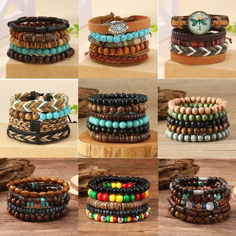 Braccialetto Multistrato Bohemien in Grani di Legno Per Uomo Donna Vintage Etnico Turchese Cordino in Pelle Ciondoli Foglia Albero Mano di Fatima