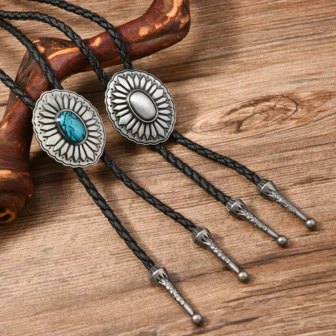 Vintage Western Cowboy Bolo Tie Alloy Sunflower Turquoise Pendant Black PU Leather Braided Rope Necklace Jewelry