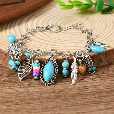 Bracciale Vintage Western Cowboy con Ciondolo Testa di Toro Turchese per Donna Lega Bohemien Piuma Foglia Stivale Occidentale Gioielli con Chiusura a T