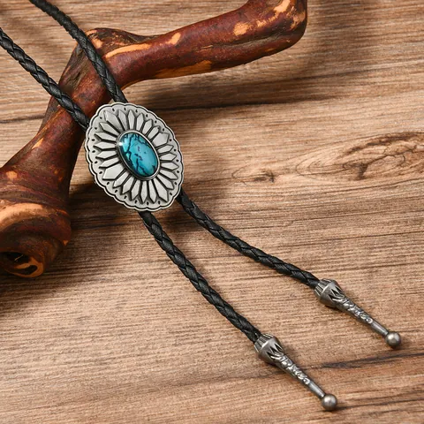 Vintage Western Cowboy Bolo Tie Alloy Sunflower Turquoise Pendant Black PU Leather Braided Rope Necklace Jewelry