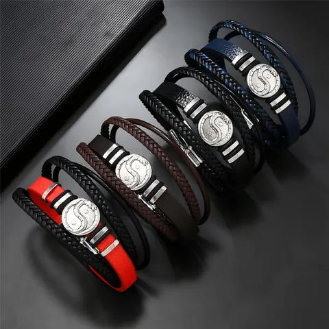 Men Multi-layer Leather Bracelet Braided Cord Yin Yang Tai Chi Dragon Pattern Vintage Punk Jewelry Magnetic Buckle Hand Strap Gift