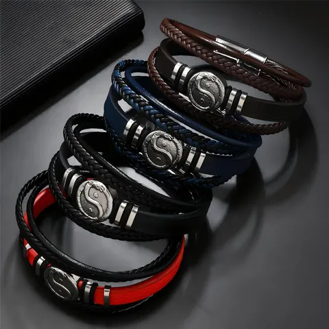 Men Multi-layer Leather Bracelet Braided Cord Yin Yang Tai Chi Dragon Pattern Vintage Punk Jewelry Magnetic Buckle Hand Strap Gift