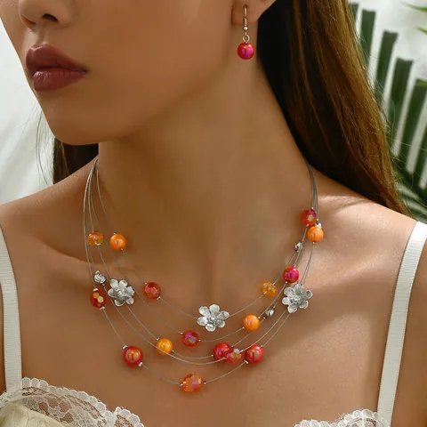 Multi Layer Flower Jewelry Set Alloy Floral Pendant Necklace With Matching Bead Hook Earrings For Women Beach Accessories