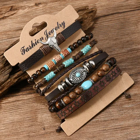 Vintage Leather Braided Multilayer Bracelet For Men Women Boho Bull Head Turquoise Wood Bead Handmade Tribal Jewelry