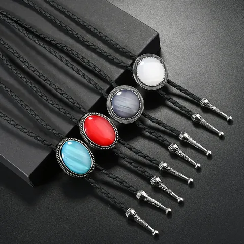 Western Cowboy Bolo Tie Retro Alloy Synthetic Gemstone Pendant Necklace With Black Braided PU Leather Cord Men Women Jewelry