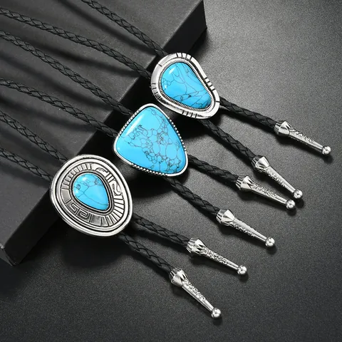 Vintage Western Cowboy Bolo Tie Zinc Alloy Faux Turquoise Pendant Black Braided PU Leather Rope Necklace For Men Women