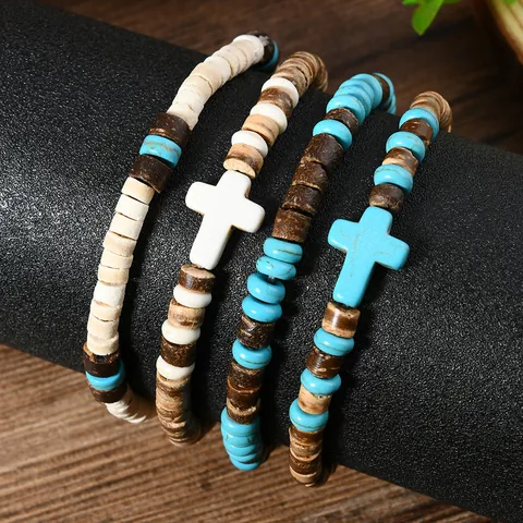 Bracciale da Uomo Multistrato Vintage in Legno di Guscio di Cocco Etnico Bohémien Croce in Turchese Sintetico Gioielli Elastici