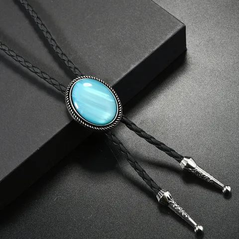 Western Cowboy Bolo Tie Retro Alloy Synthetic Gemstone Pendant Necklace With Black Braided PU Leather Cord Men Women Jewelry