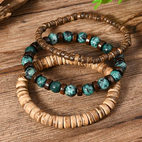 Men Vintage Layered African Turquoise Wood Coconut Shell Beaded Bracelets Handmade Ethnic Bohemian Jewelry Accessories Gift