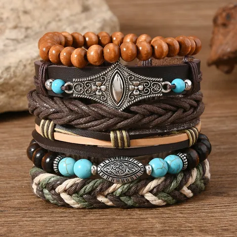 Ensemble de Bracelets Bohème Rétro en Cuir et Perles de Bois Tête de Taureau Plume Arbre de Vie Mauvais Œil Bijoux Ethniques