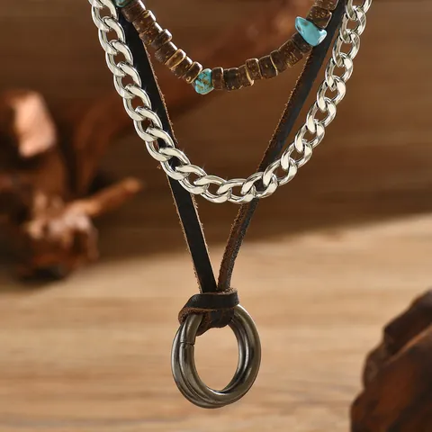 Vintage Bohemian Multi-layer Necklace Set Genuine Leather Cord Stainless Steel Cuban Chain Coconut Shell Turquoise Beads Pendant Necklace For Men Women