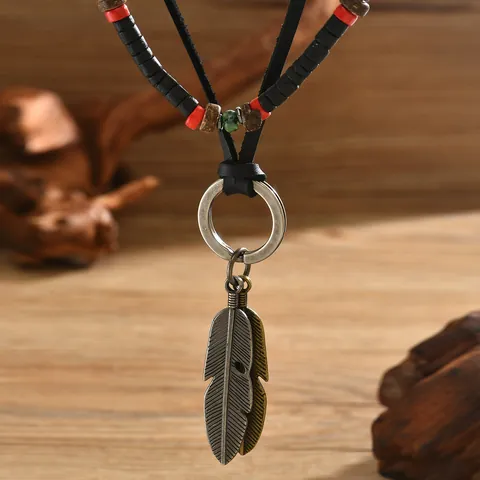 Men Vintage Bohemian Layered Necklace Set Leather Cord Metal Feather Pendants Wood Beads Braided Adjustable Ethnic Neck Jewelry Gift