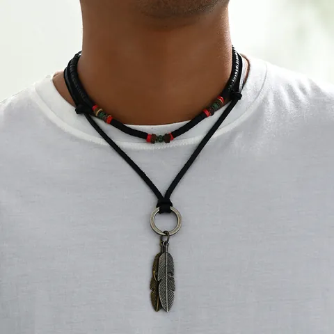 Men Vintage Bohemian Layered Necklace Set Leather Cord Metal Feather Pendants Wood Beads Braided Adjustable Ethnic Neck Jewelry Gift