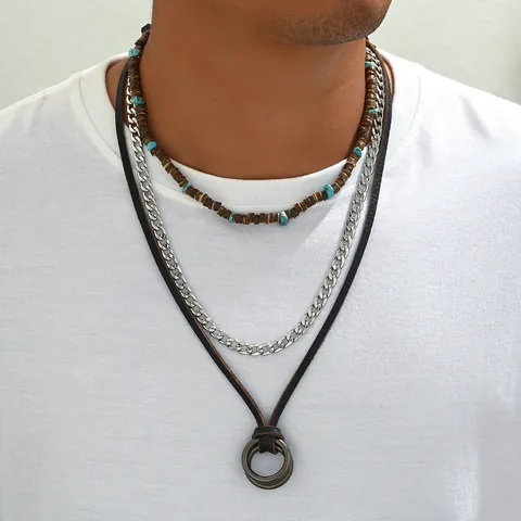 Vintage Bohemian Multi-layer Necklace Set Genuine Leather Cord Stainless Steel Cuban Chain Coconut Shell Turquoise Beads Pendant Necklace For Men Women