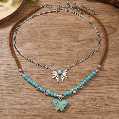 Collier Superposé Bohème Avec Pendentif Papillon Perles Faux Turquoise Cordon en Velours Bijoux en Alliage Ton Argent Femme