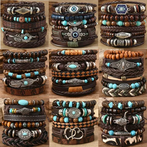 Braccialetti In Pelle Multistrato In Stile Cowboy Western Vintage Con Perline In Legno Turchese Testa Di Toro Malocchio Gioielli Da Uomo