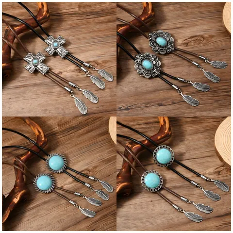 Vintage Western Cowboy Bolo Tie Legierung Synthetischer Türkis Kreuz Sonnenblume Zahnrad Muster Geflochtenes PU Leder Seil Halskette Mit Feder Quasten Unisex Schmuck