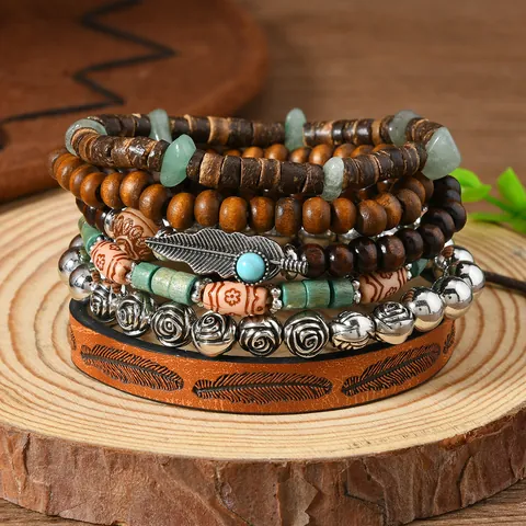 Pulsera Apilable Multicapa Bohemia Para Mujer Vintage Étnico Cuenta de Madera Cuero Artificial Aleación Colgante Joyería de Mano