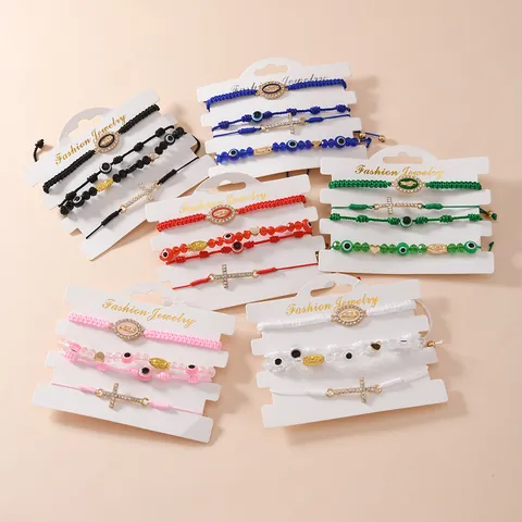 Set di Braccialetti Intrecciati a Mano Con Croce di Strass Malocchio e Pendente Vergine Maria Gioielli Religiosi Regolabili