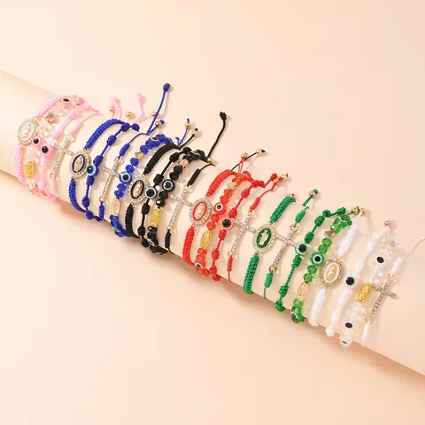 Set di Braccialetti Intrecciati a Mano Con Croce di Strass Malocchio e Pendente Vergine Maria Gioielli Religiosi Regolabili