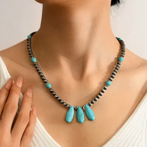 Bohemian Vintage Silver Alloy Synthetic Turquoise Necklace For Women Ethnic Western Style Layered Bowknot Cow Head Jewelry