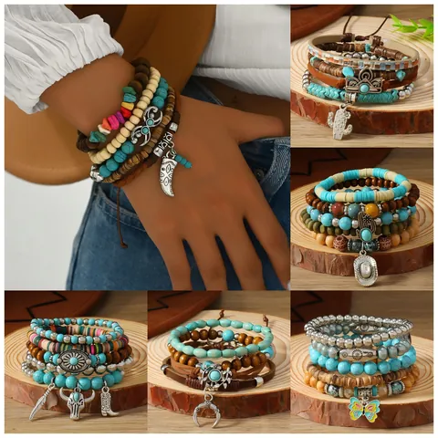 Set di Braccialetti Multistrato Bohemien per Donna in Lega di Legno Perline Turchesi Sintetiche Testa di Bue Cactus Farfalla Gioielli Etnici