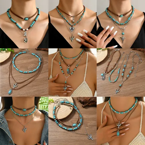 Collana Western Boho con Turchese per Donna Pendente a Forma di Cactus e Testa di Toro Retro Gioielli a Strati Etnici Vacanza