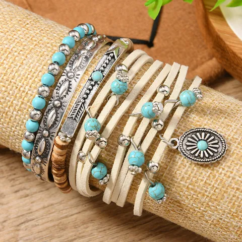 Braccialetti Stratificati da Donna Bohemienne in Lega Turchese Sintetico Perline di Legno Cordino Scamosciato Ciondolo Sole Girasole Gioielli Etnici Vintage