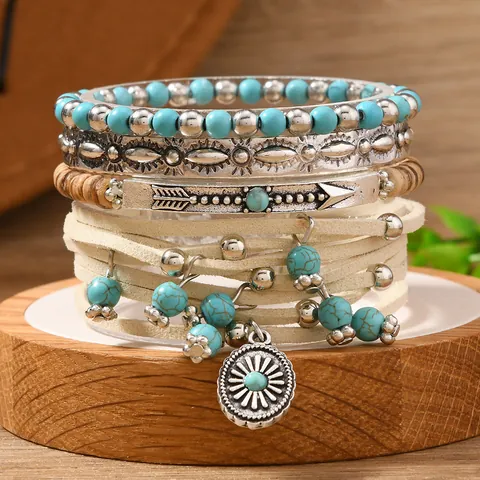 Braccialetti Stratificati da Donna Bohemienne in Lega Turchese Sintetico Perline di Legno Cordino Scamosciato Ciondolo Sole Girasole Gioielli Etnici Vintage