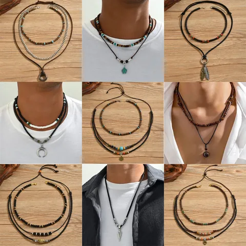 Collier Multicouche Vintage pour Hommes Avec Perles en Bois Cordon en Cuir Alliage Tortue Plume Cœur Pendentifs Bijoux