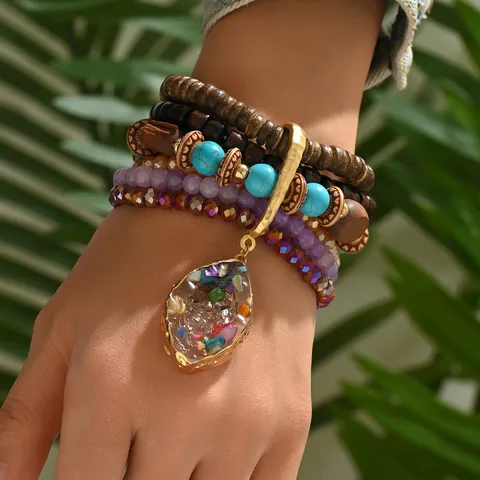 Bracciale a Strati Stile Bohémien Perline in Legno Turchese Sintetico Cristallo Artificiale Lega Ciondolo a Goccia Gioielli Etnici Donna
