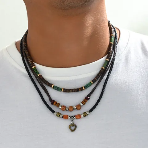Collier Multicouche Vintage pour Hommes Avec Perles en Bois Cordon en Cuir Alliage Tortue Plume Cœur Pendentifs Bijoux