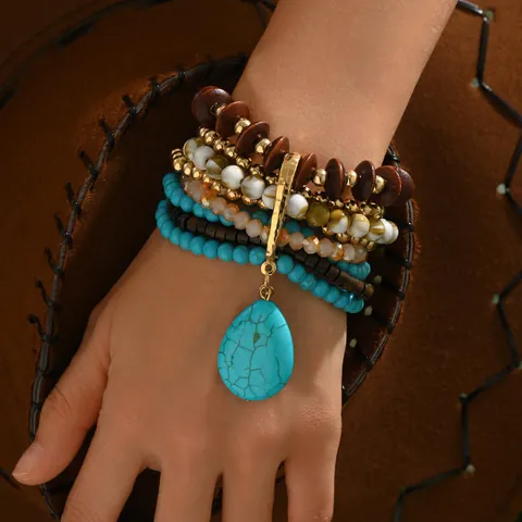 Set di Bracciali a Strati Bohémien con Perline per Donna Simil Turchese Legno Foglia Metallo Ciondolo a Goccia Gioielli Retro