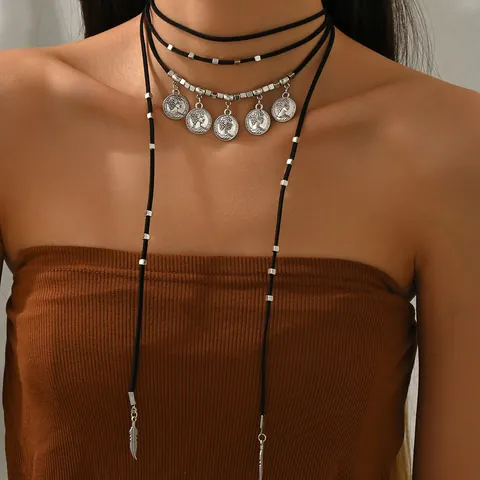 Bohemian Gypsy Layered Choker Retro Ethnic Coin Feather Pendant Necklace Faux Suede Cord Jewelry For Women Daily Wear