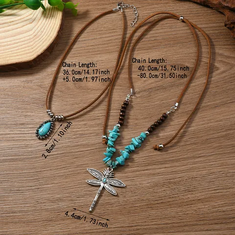 Set Collana Doppia Boho Vintage Pendente Libellula Goccia d'Acqua Turchese Sintetico Perline in Legno Cordino Camoscio Gioielli Etnici