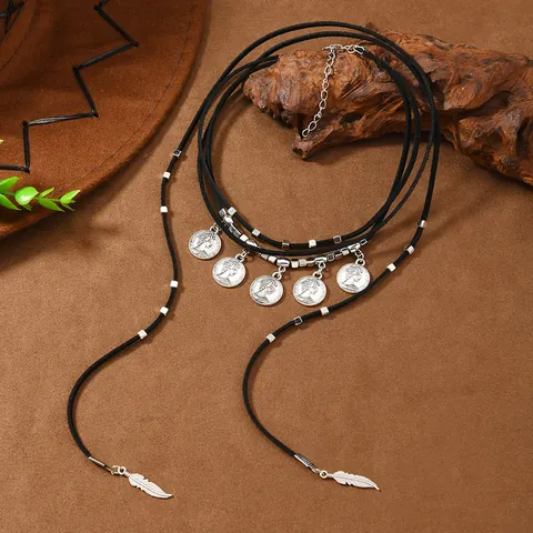 Bohemian Gypsy Layered Choker Retro Ethnic Coin Feather Pendant Necklace Faux Suede Cord Jewelry For Women Daily Wear