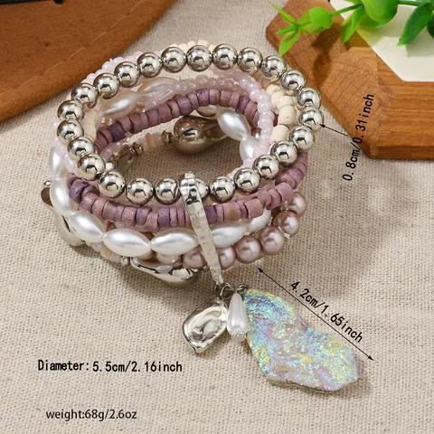 Braccialetto Bohemien Multistrato con Perline Pendente Pietra Iridescente Foglia Lega Legno Perla Sintetica Gioielli Etnici
