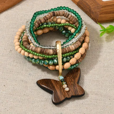 Juego de Pulseras de Abalorios de Varias Capas Bohemias para Mujer Cuentas de Madera Cristal Artificial Colgante Mariposa
