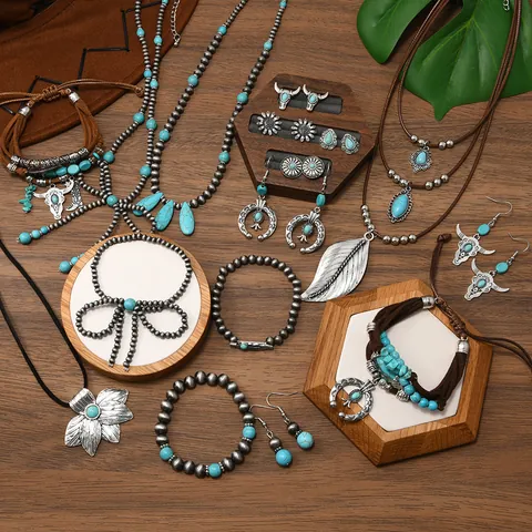 Bohemian Vintage Silver Alloy Synthetic Turquoise Necklace For Women Ethnic Western Style Layered Bowknot Cow Head Jewelry